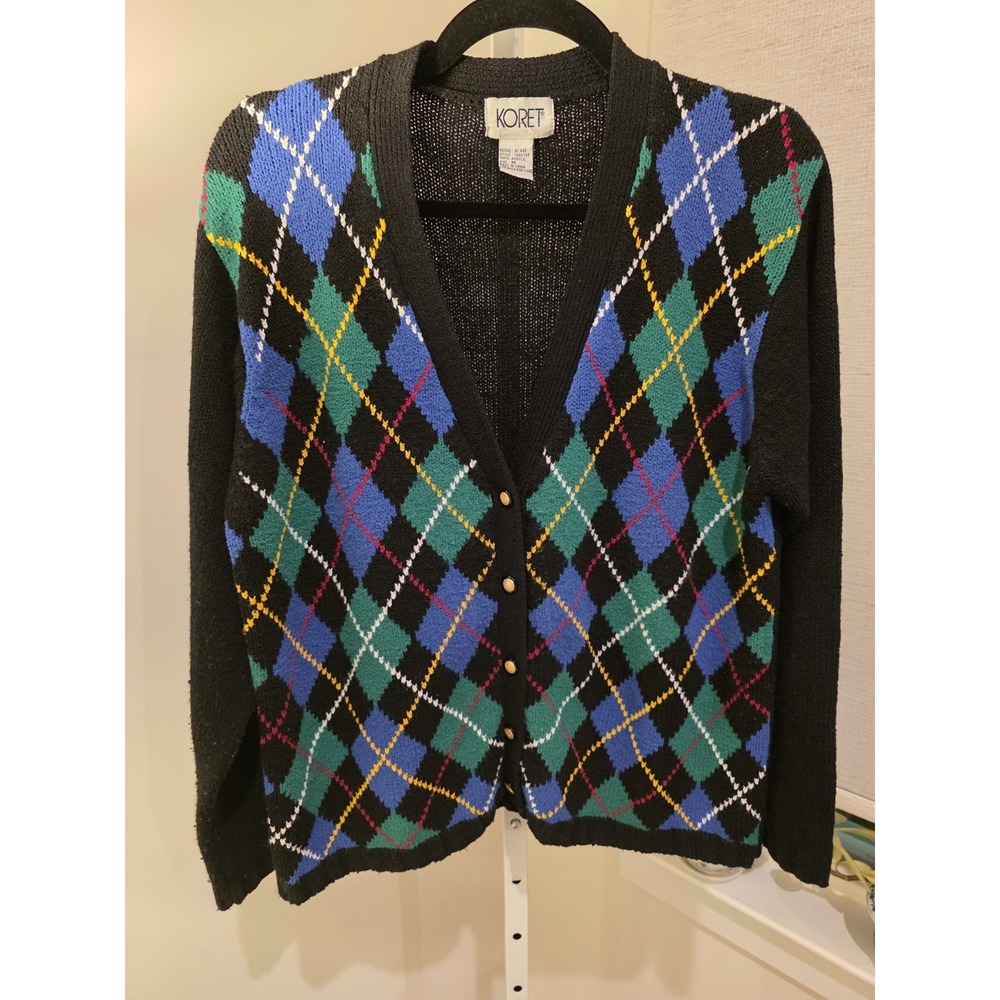 Vintage 1990s Koret Diamond Argyle Green/Purple/Black Cardigan Sz. M